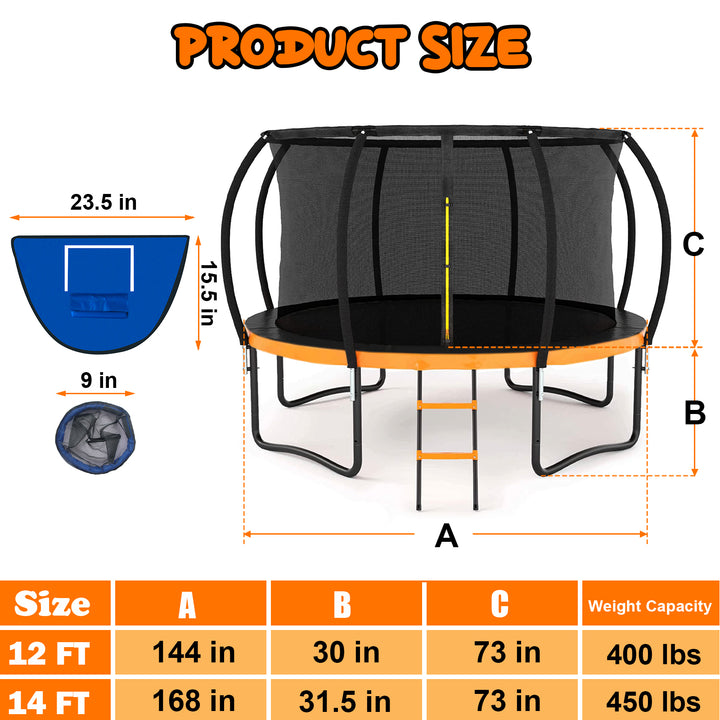 12FT Orange OutdoorTrampoline with Basketball Hoop
