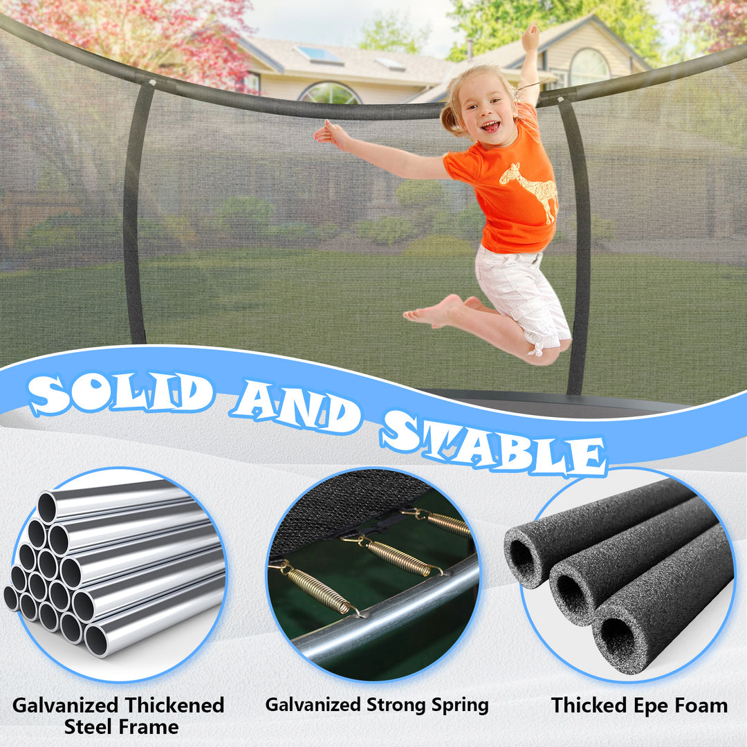 12FT Blue Outdoor Trampoline with Basketball Hoop & Sprinkler & Wind Stakes