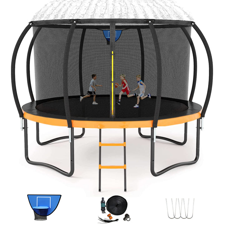 12FT Orange Outdoor Trampoline with Basketball Hoop & Sprinkler & Wind Stakes