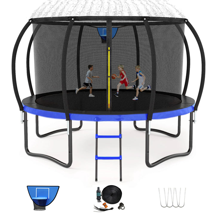 12FT Blue Outdoor Trampoline with Basketball Hoop & Sprinkler & Wind Stakes