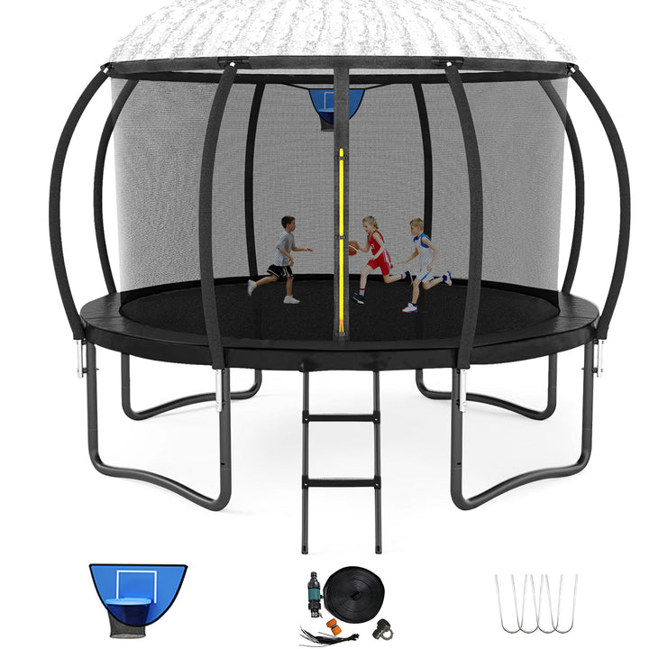 12FT Black Outdoor Trampoline with Basketball Hoop & Sprinkler & Wind Stakes