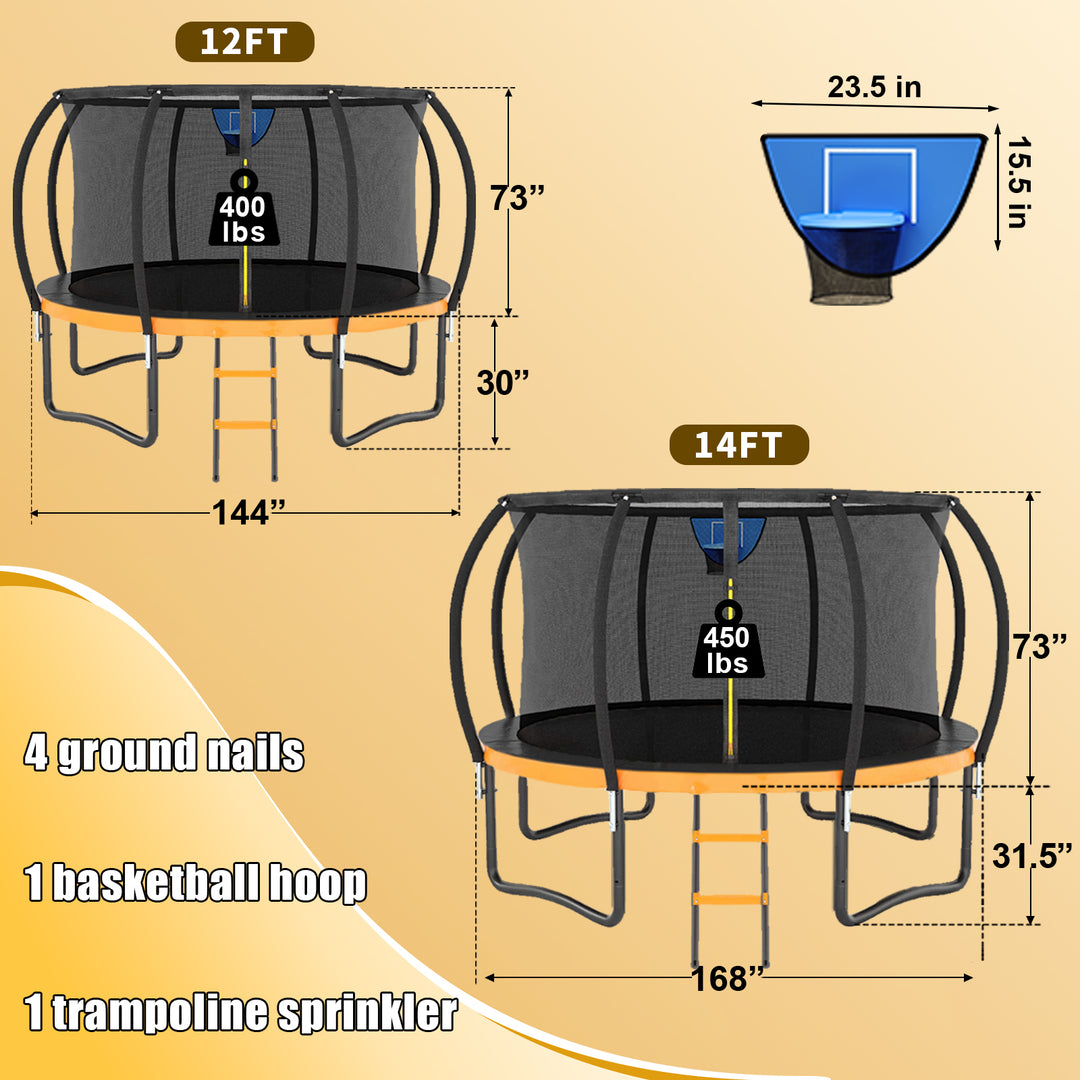 12FT Orange Outdoor Trampoline with Basketball Hoop & Sprinkler & Wind Stakes