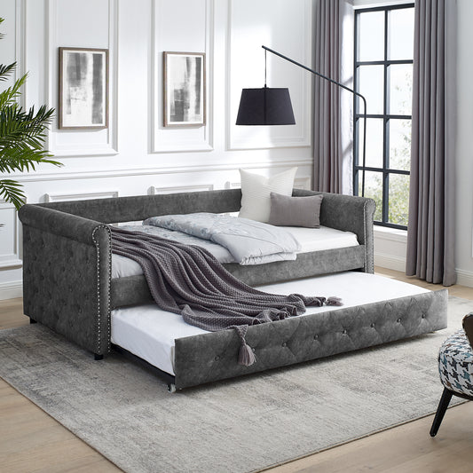 Liyarya Daybed with Trundle Upholstered Tufted Sofa Bed, with Button and Copper Nail on Arms，both Twin Size, Grey（85.5“x42”x30.5“）