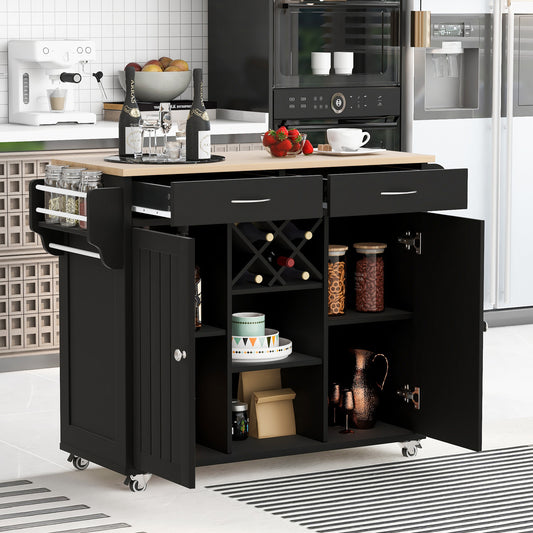 Liyarya Kitchen cabinets Kitchen Island Cart with Two Storage Cabinets and Four Locking Wheels，Wine Rack, Two Drawers,Spice Rack, Towel Rack （Black）