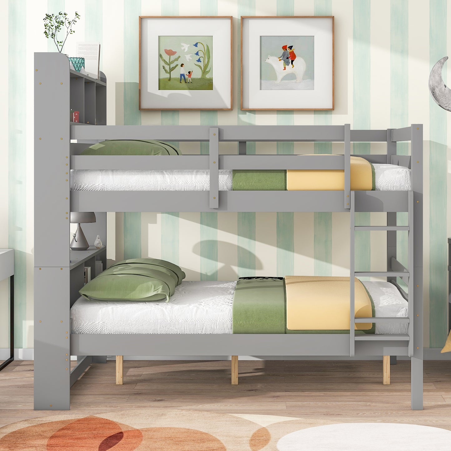Liyarya Wood Bed  Full Over Full Bunk Beds with Bookcase Headboard, Solid Wood Bed Frame with Safety Rail and Ladder, Kids/Teens Bedroom, Guest Room Furniture, Can Be converted into 2 Beds, Grey