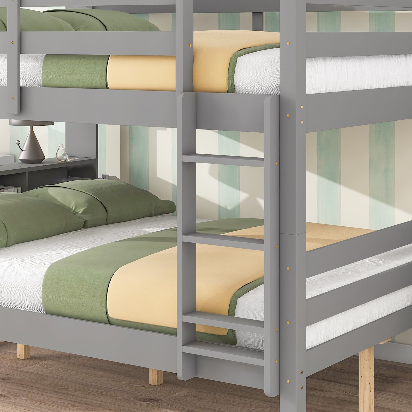 Liyarya Wood Bed  Full Over Full Bunk Beds with Bookcase Headboard, Solid Wood Bed Frame with Safety Rail and Ladder, Kids/Teens Bedroom, Guest Room Furniture, Can Be converted into 2 Beds, Grey