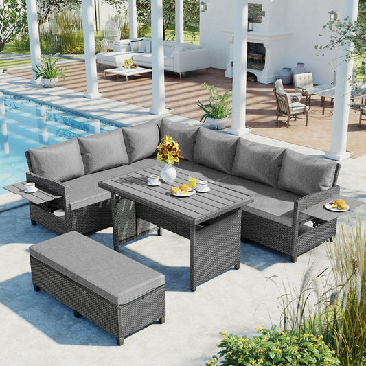 Liyarya 5-Piece Outdoor Patio Rattan Sofa Set, Sectional PE Wicker L-Shaped Garden Furniture Set with 2 Extendable Side Tables, Dining Table and Washable Covers for Backyard, Poolside, Indoor, Gray