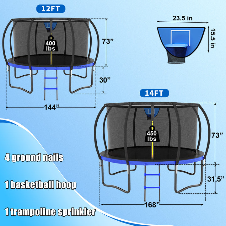 12FT Blue Outdoor Trampoline with Basketball Hoop & Sprinkler & Wind Stakes