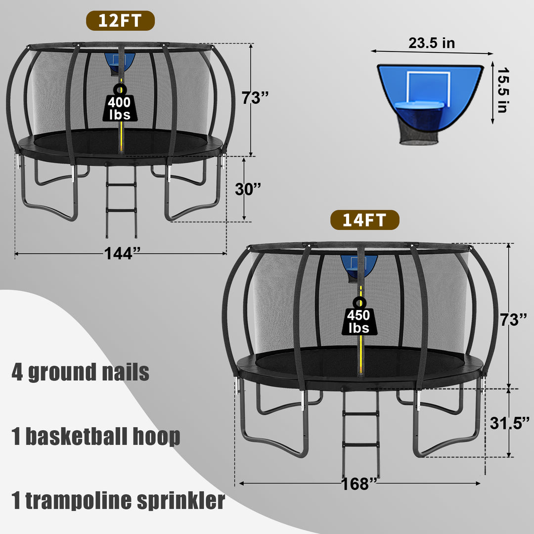 12FT Black Outdoor Trampoline with Basketball Hoop & Sprinkler & Wind Stakes