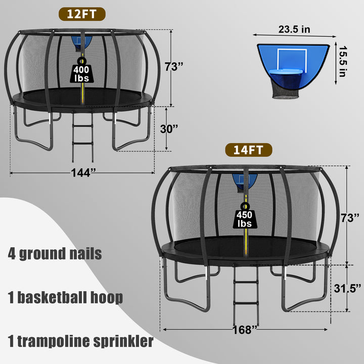 12FT Black Outdoor Trampoline with Basketball Hoop & Sprinkler & Wind Stakes