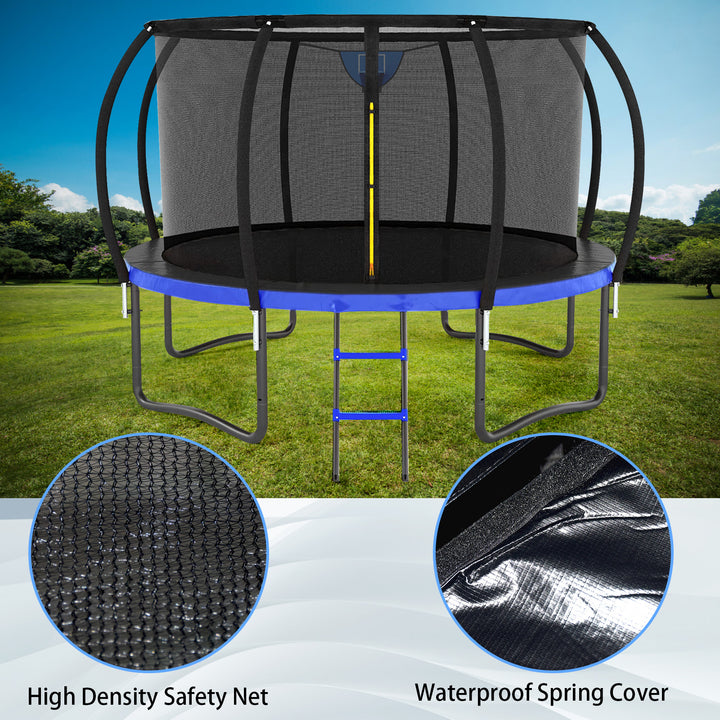 12FT Blue Outdoor Trampoline with Basketball Hoop & Sprinkler & Wind Stakes